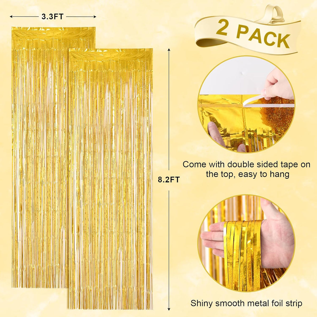 2 Pack Laser Gold Foil Fringe Backdrop Curtains, Tinsel Streamers Birthday Party Decorations