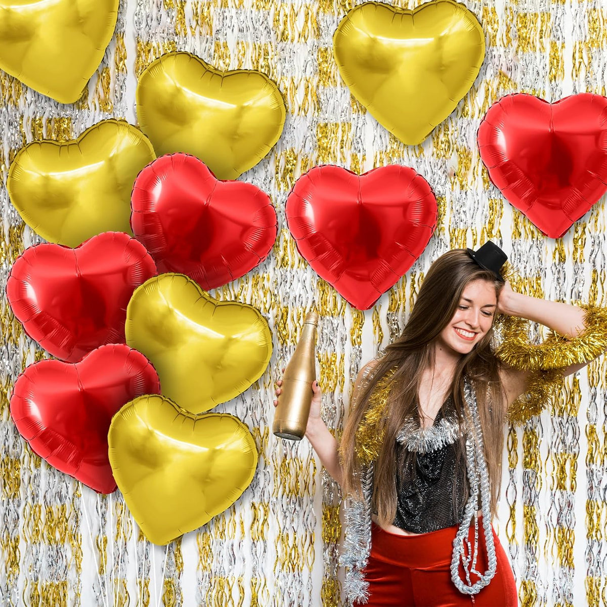Red Gold Heart Balloons,12Pcs Red Heart Shaped Foil Balloons,18Inch Gold Helium Polyester Film