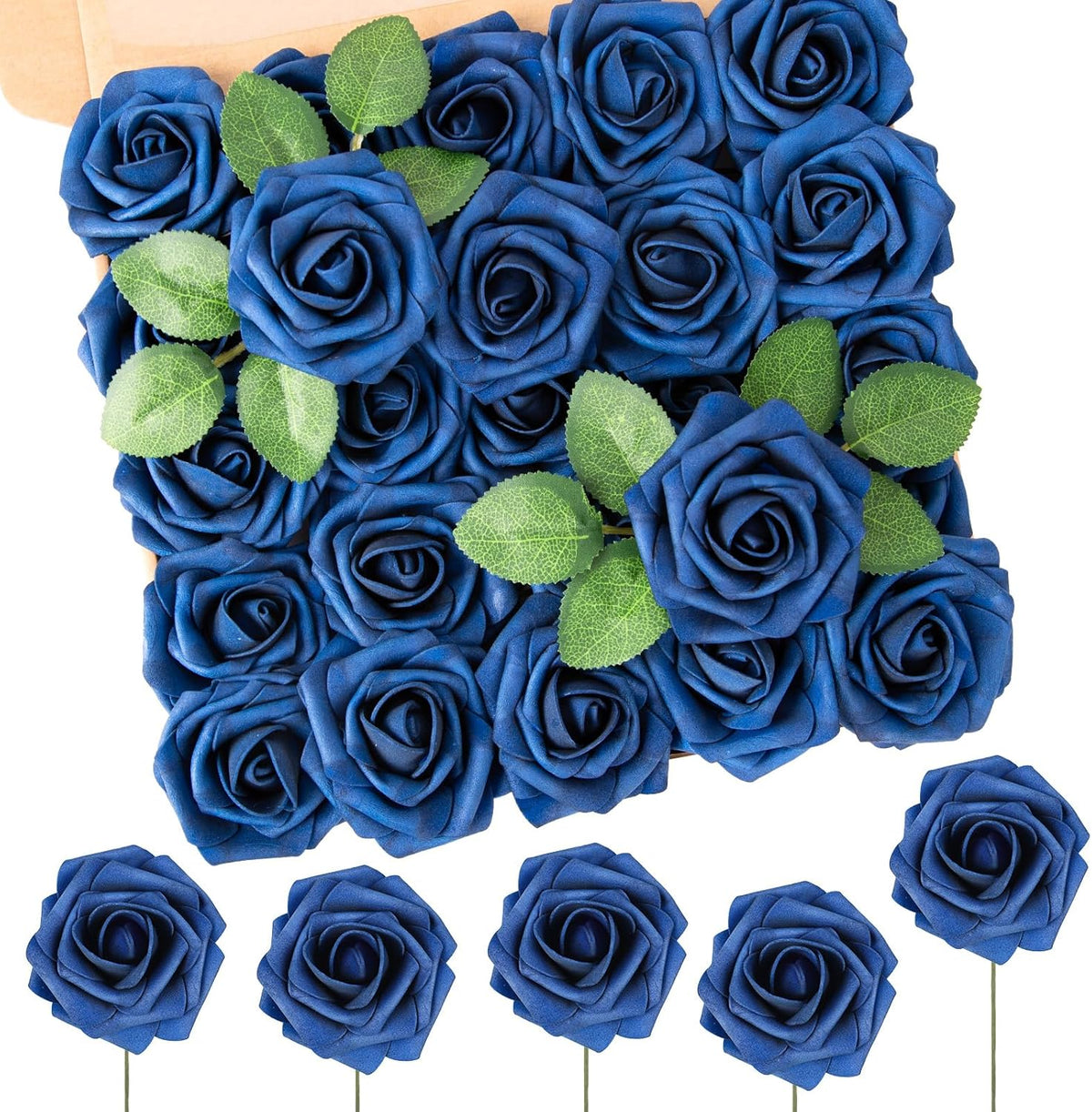 N&T NIETING Artificial Flowers Navy Blue Roses 50Pcs Fake Flowers Foam Roses with Stems for DIY