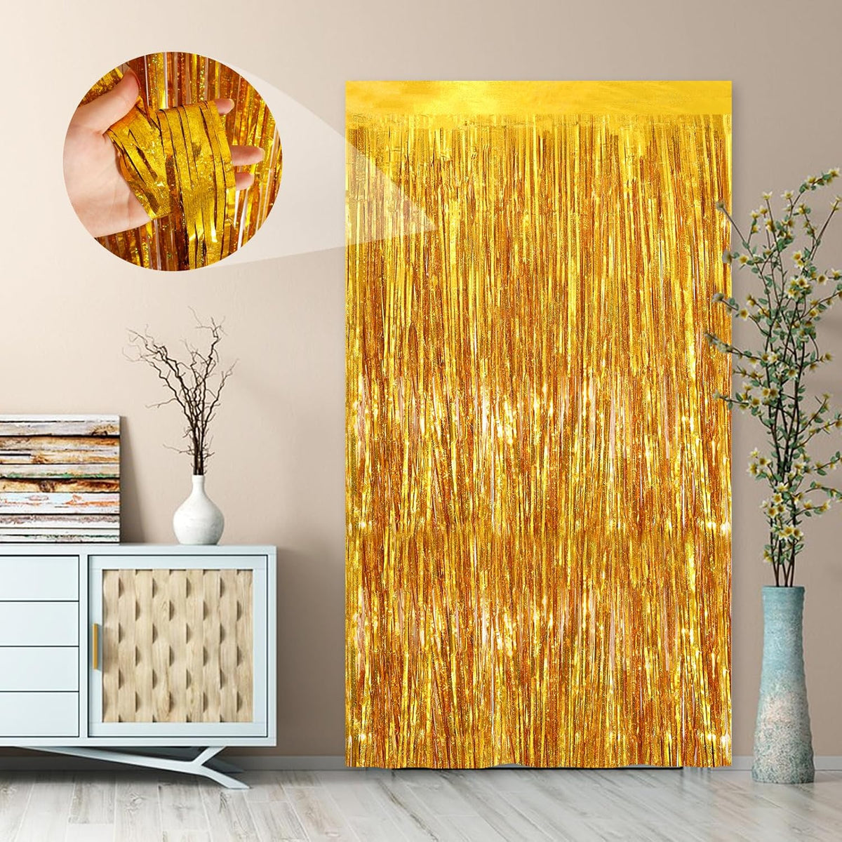 2Pack 3.3 x 8.3 Ft Gold Party Streamers, Tinsel Streamers Birthday Party Decorations, Fringe