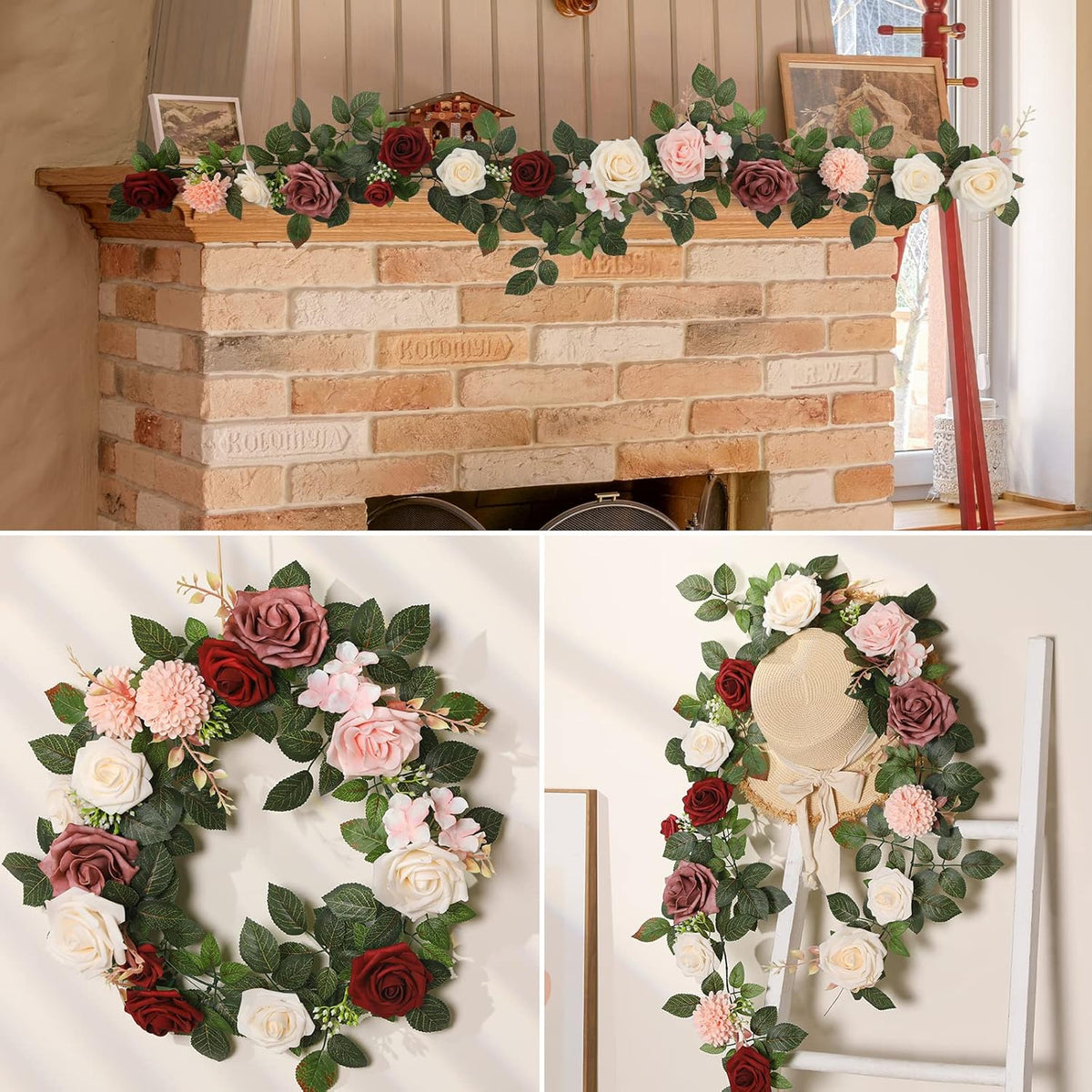 5FT Artificial Rose Flower Burgundy Fake Floral Garland for Wedding Ceremony Backdrop Arch Flowers