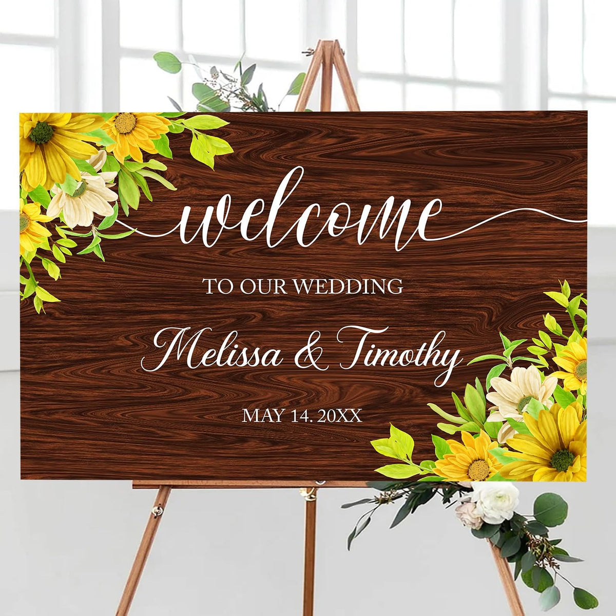 Rustic Sunflower Wedding Welcome Sign Template, Printable Wood-Inspired Welcome Sign with