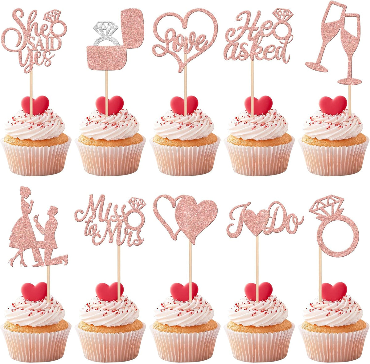30 PCS He Asked She Said Yes Cupcake Toppers Glitter Wedding Engagement Cupcake Picks Miss to Mrs I