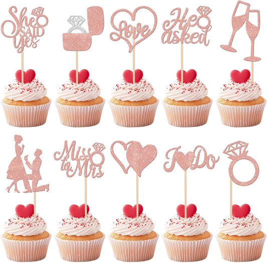 30 PCS He Asked She Said Yes Cupcake Toppers Glitter Wedding Engagement Cupcake Picks Miss to Mrs I