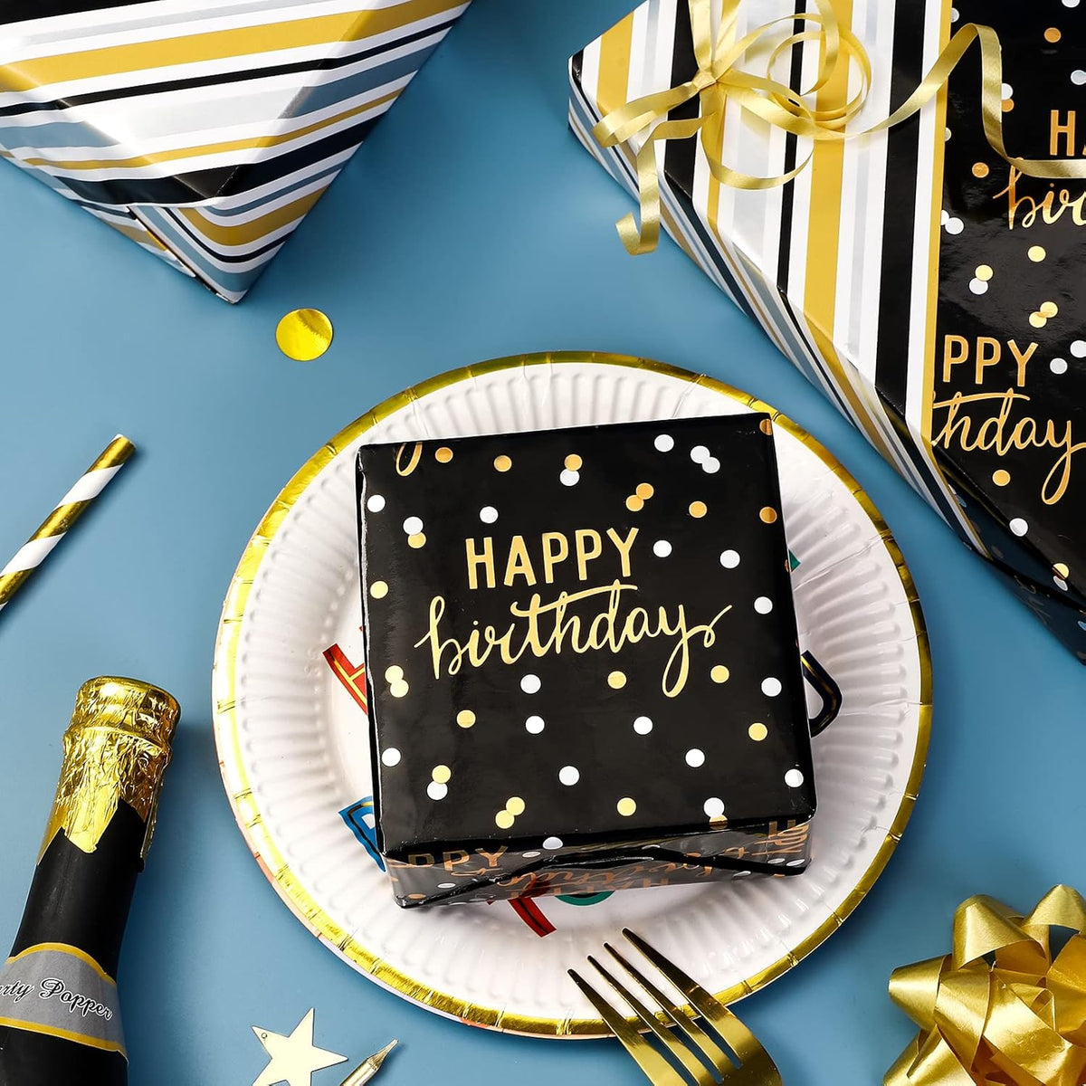 LeZakaa Reversible Black Birthday Wrapping Paper Roll for Boys Men, Happy Birthday Lettering &