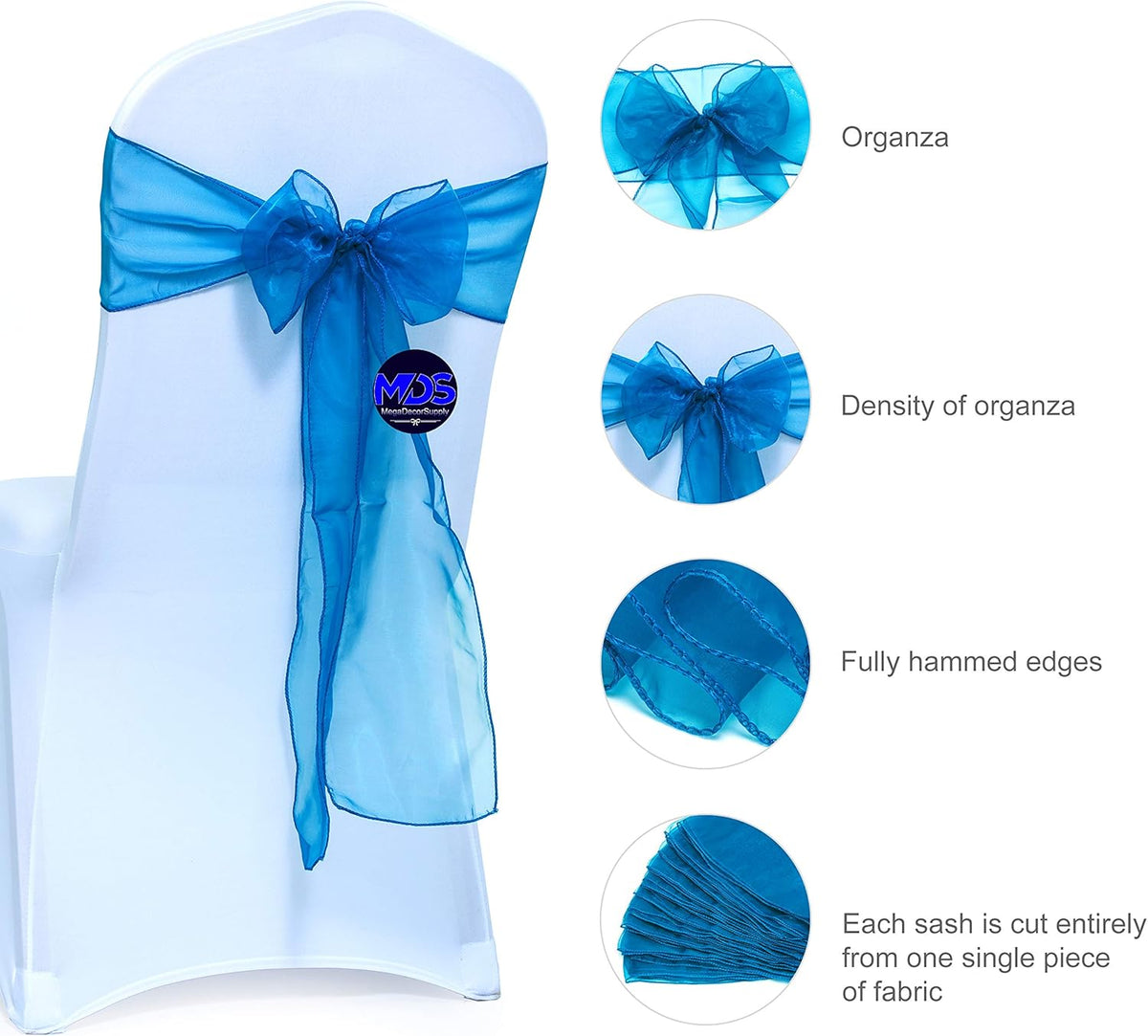 MDS Pack of 10 PCS Organza Chair Sashes Wider Dining Chair Bows Ribbon Tie Back for Wedding Party