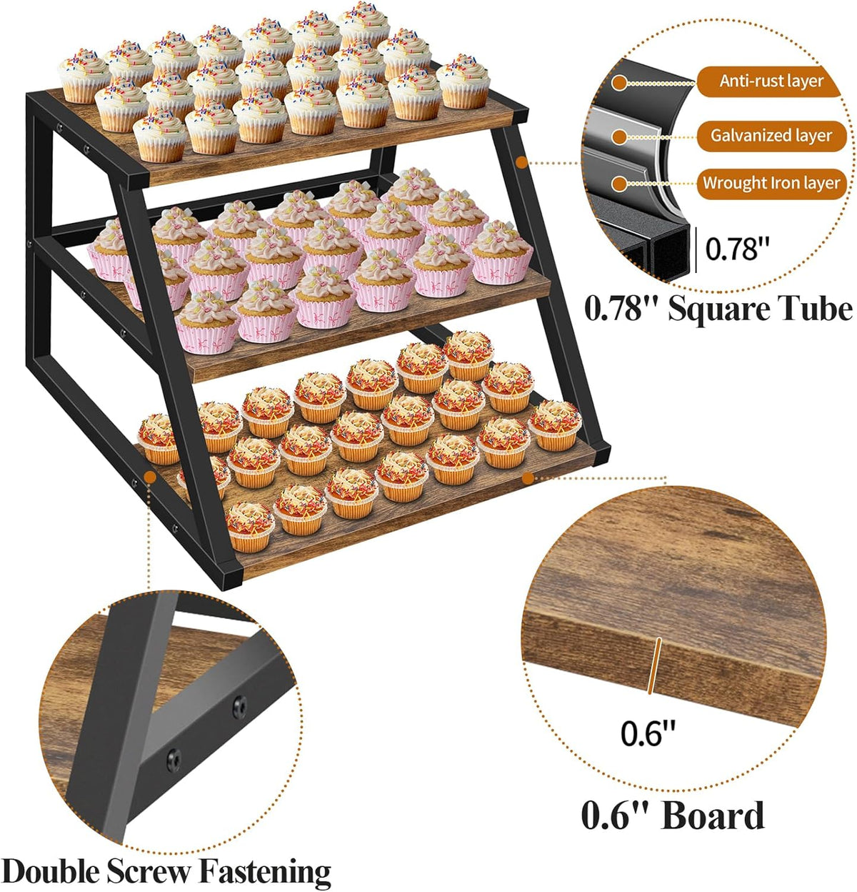 Cupcake Stand, 3 Tier Large Cupcake Stand for 50 Cupcakes Rustic Cupcake Display Stand Square Wood
