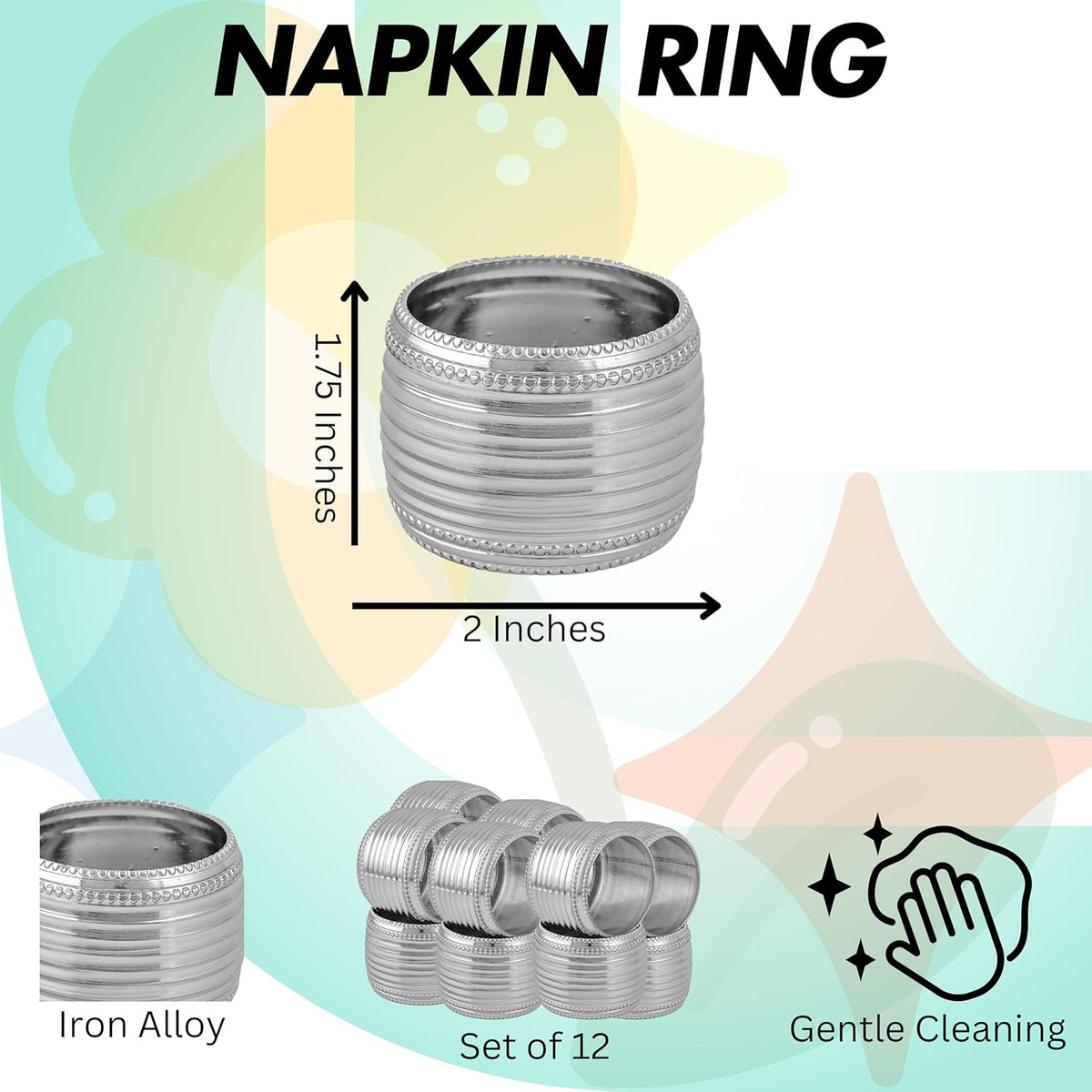 Silver Napkin Rings Set of 12, Beaded Napkin Rings - Rust Resistant, Durable Heavy Duty Napkin