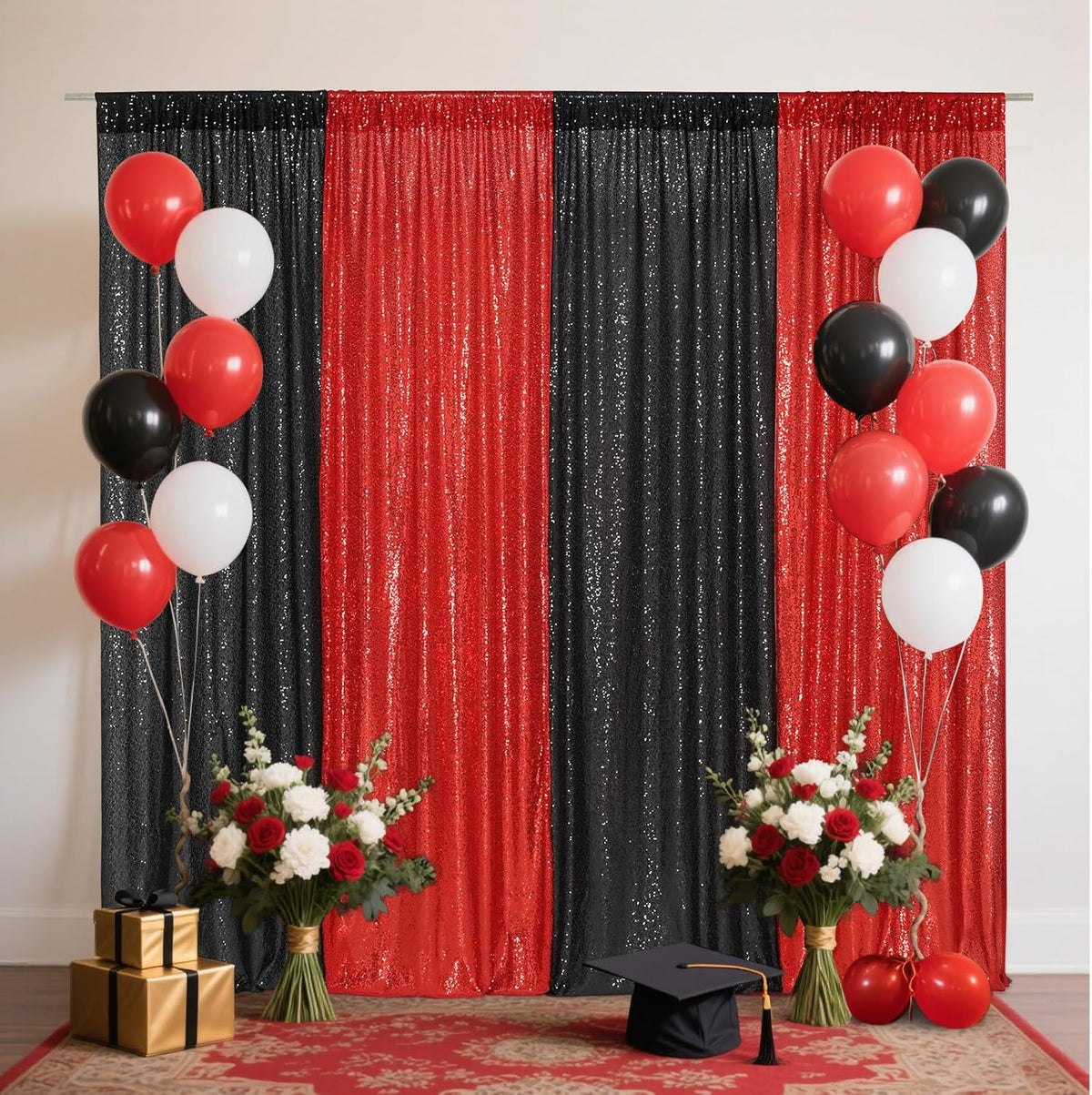 Eternal Beauty Black and Red Backdrop 4 PCS-2x8 Ft Sequin Curtain Panels for Christmas Party