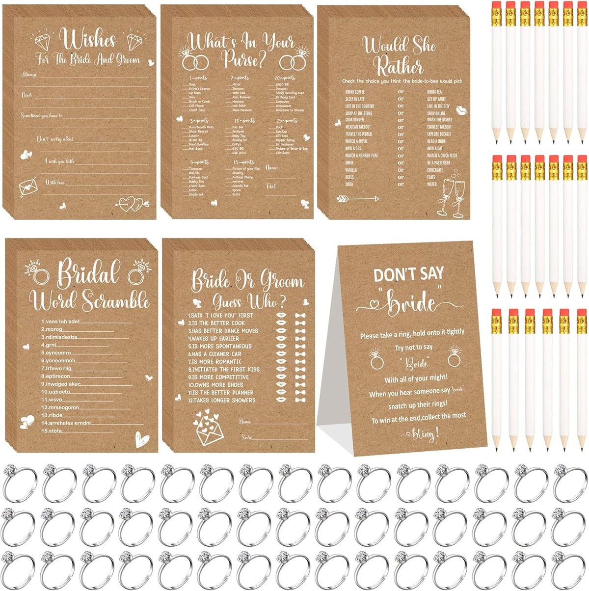 Estune 331 Pcs Bridal Shower Games Supplies, 5 Sets 250 Pcs Wedding Cards 1 Put a Ring on It Bridal