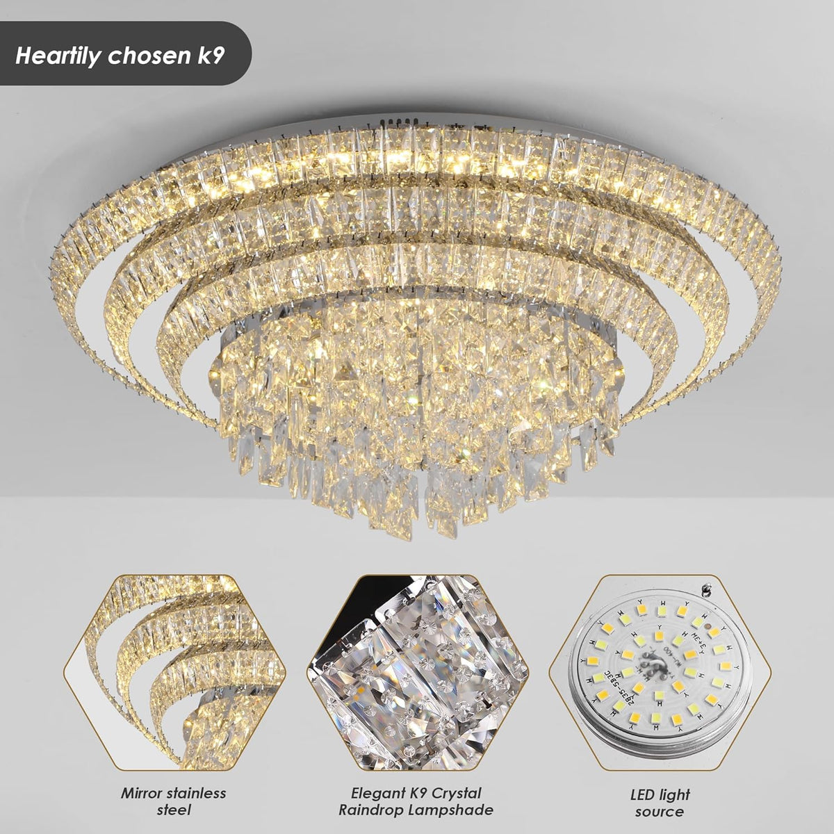 30 inch Crystal Silver Ceiling-Light Flush Mount with Remote Control and APP, 3CCT Dimmable &