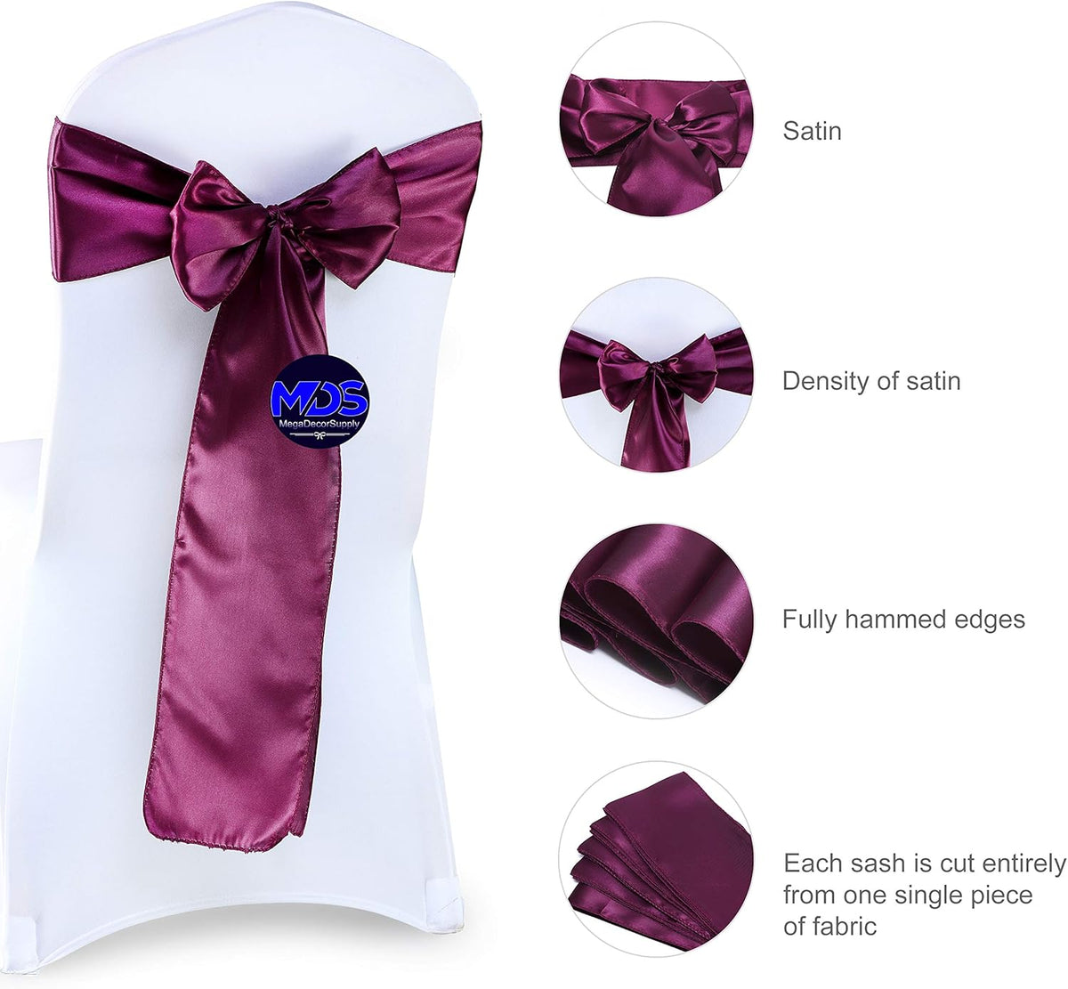 MDS Pack of 75 PCS Satin Chair Sashes Charmeuse Sateen Dining Chair Bows Ribbon Ties Back Sash for