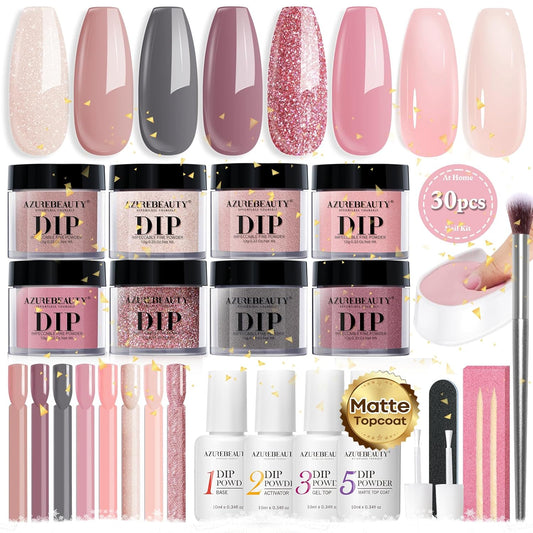 AZUREBEAUTY 30Pcs Dip Powder Nail Kit Starter with Nail Sticks, Translucent Jelly Nude Pink Gary 8