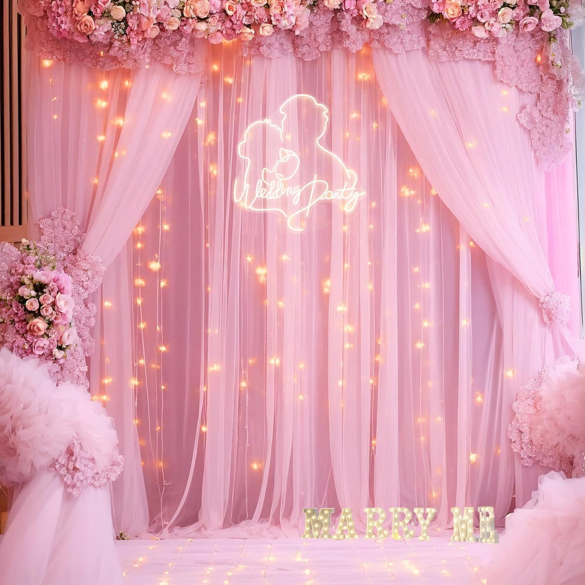 Pink Tulle Backdrop Curtains with Lights String for Parites 10ft×8ft Wrinkle Free Pink Sheer