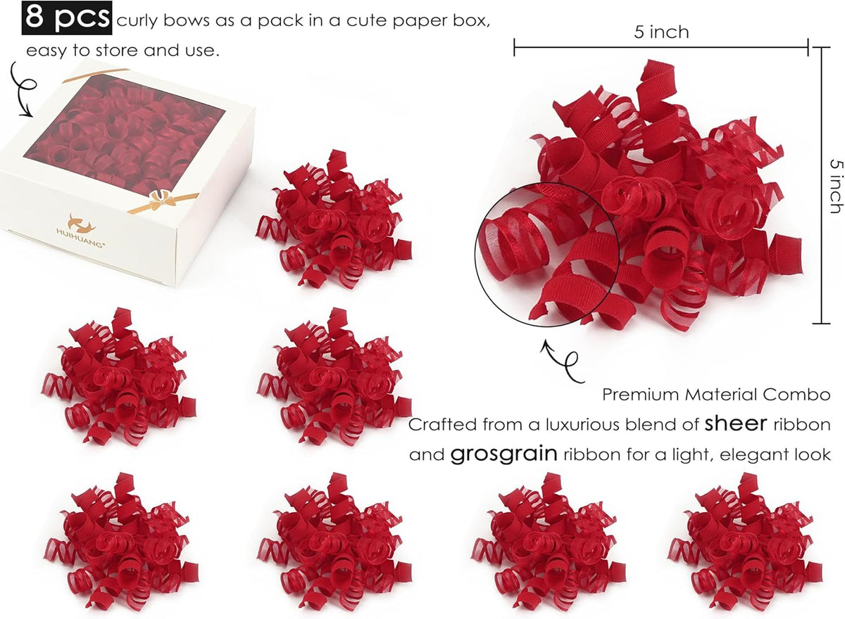 HUIHUANG Red Bows for Gift Wrapping Christmas Gift Bows 5 inch x 8 Counts Self-Adhesive Curly