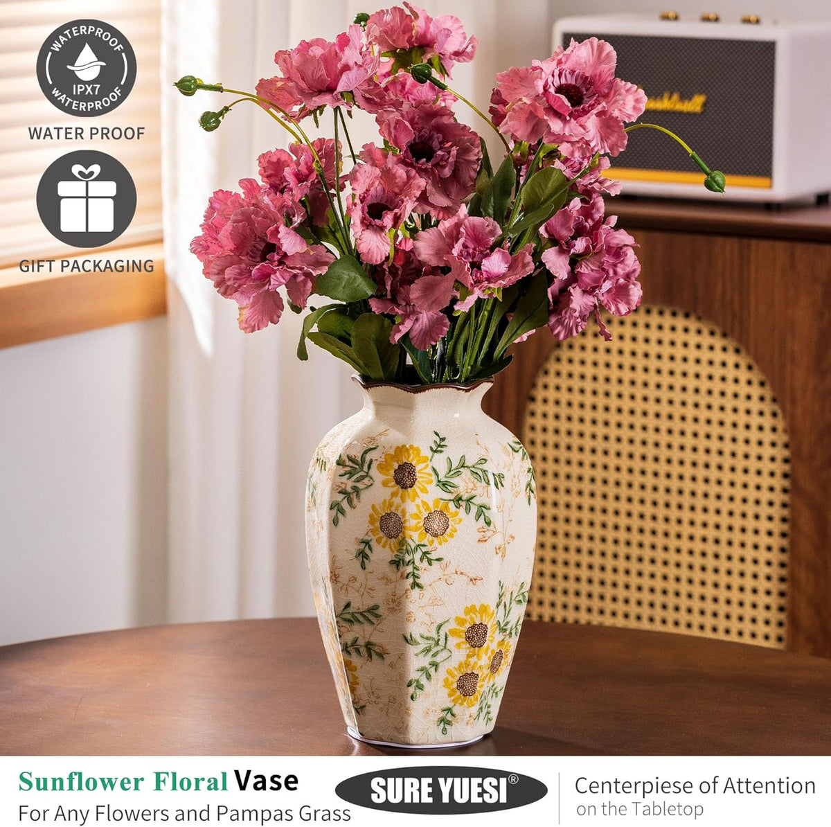 Hand-Painted Sunflower Vintage Ceramic Octagonal Vase, Green Yellow Beige Flower Vases for Bouquet