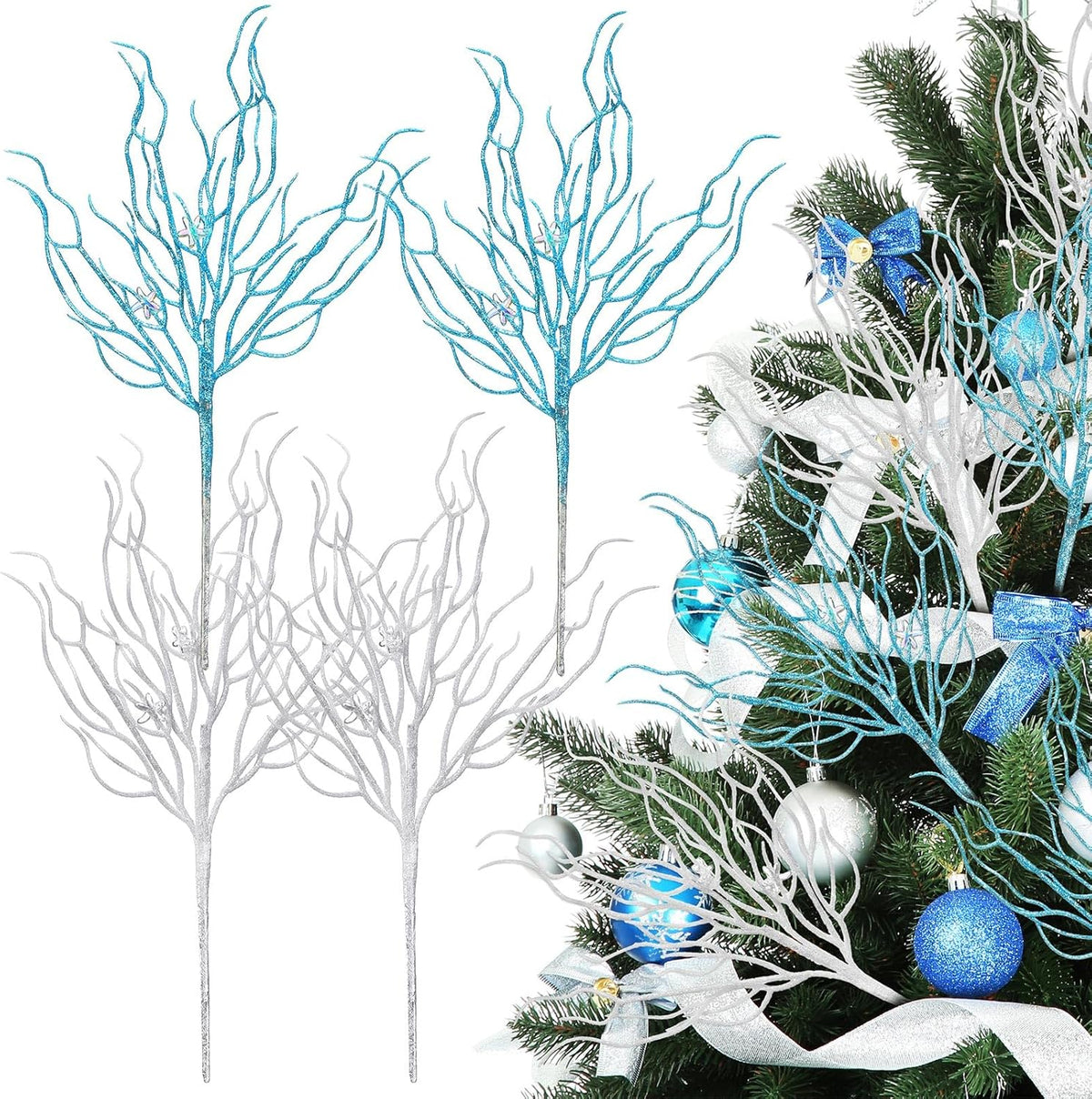 8 Pcs Blue White Coastal Ornaments for Christmas Tree 15.7inch Glitter Coral Beach Ocean Spray Pick