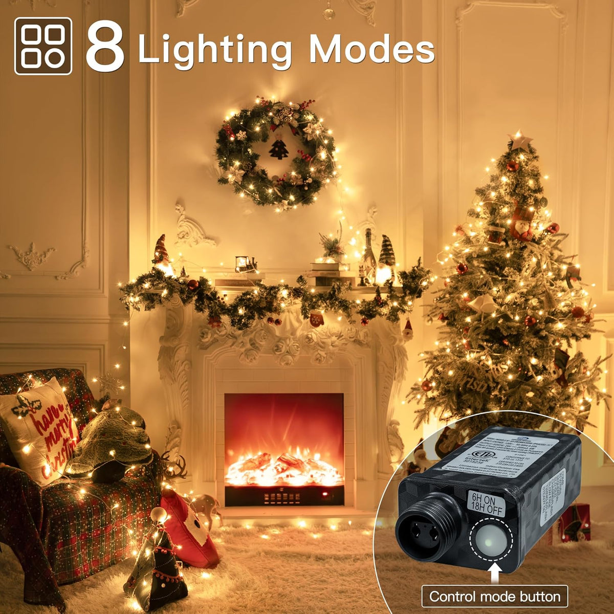 Connectable Warm White String Lights Indoor Bedroom, 8 Modes Christmas String Light Plug in