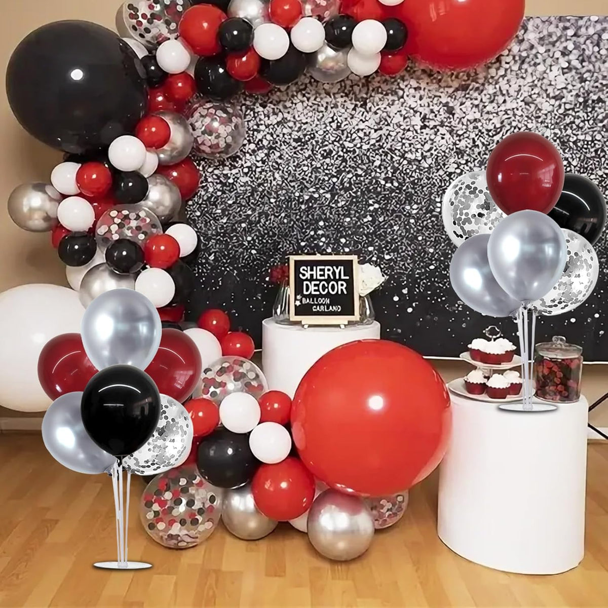 TONIFUL 4 Set Burgundy Red Black Silver Balloon Stand Centerpiece Table Decorations for Graduation
