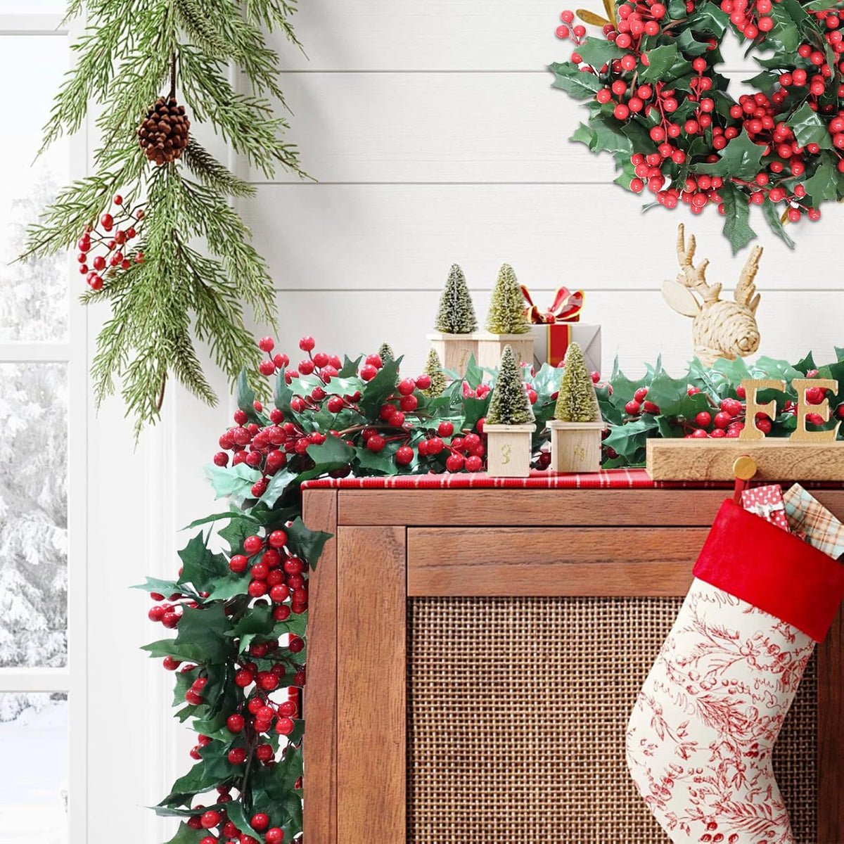 Uguisu 5.6ft Red Artificial Christmas Garland,Eucalyptus Green Garland with Berry Flower