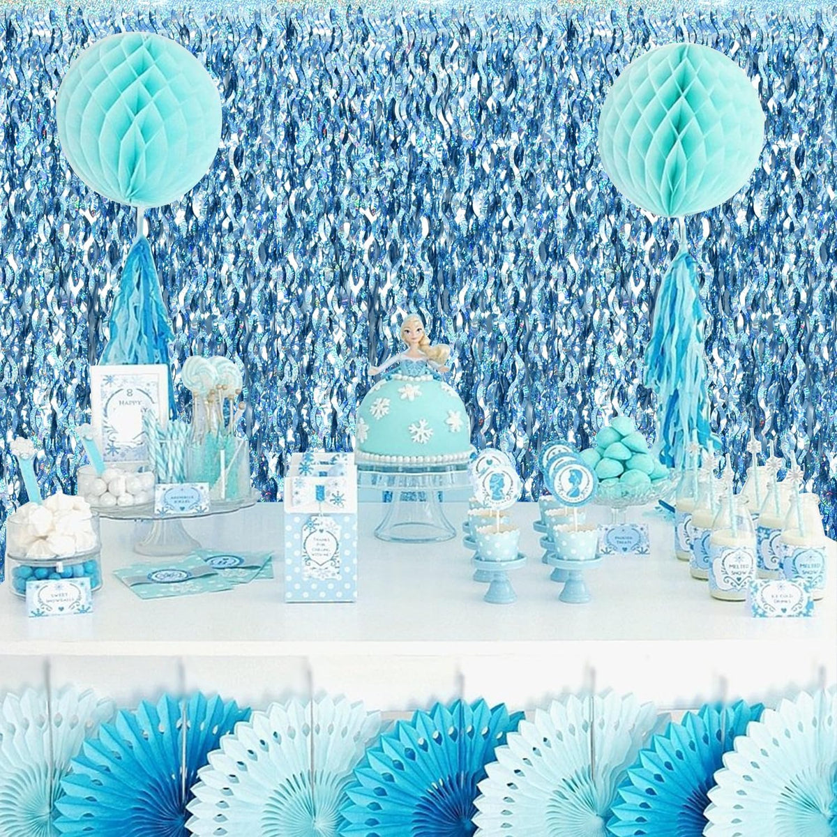 TONIFUL 3Pcs Wavy Metallic Tinsel Foil Fringe Curtains Light Blue Streamer Backdrop for Photo Booth