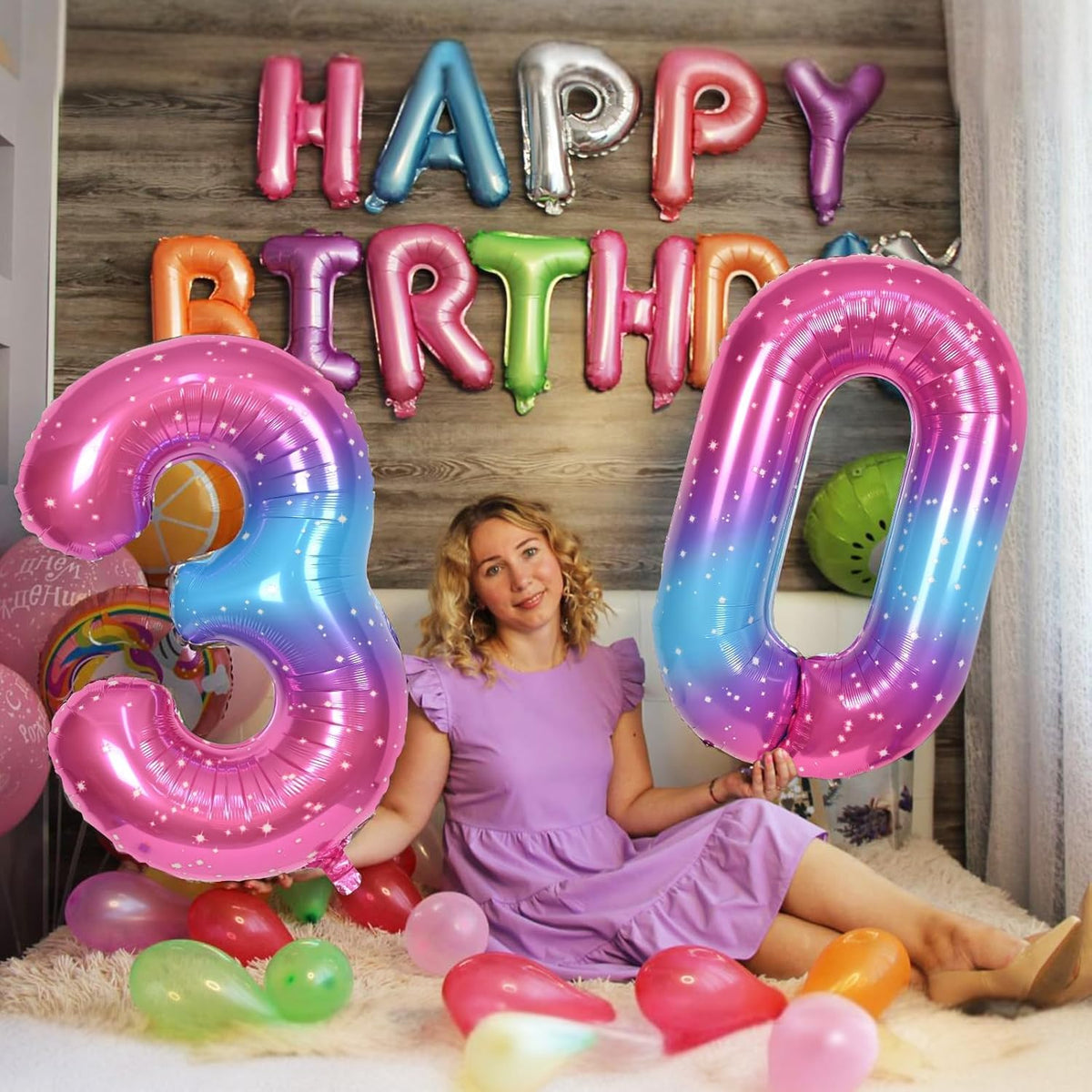 40 Inch Rainbow Foil Balloon Number 8, Giant Self Inflating Gradient Blue Pink Number Balloons 0-9