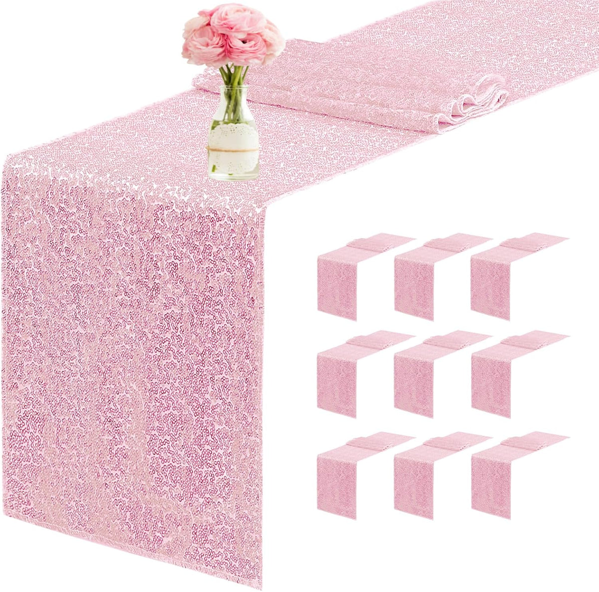 10 Packs 12 x 72 inches Sequin Table Runner, Pink Glitter Table Runner for Birthday Party Supplies