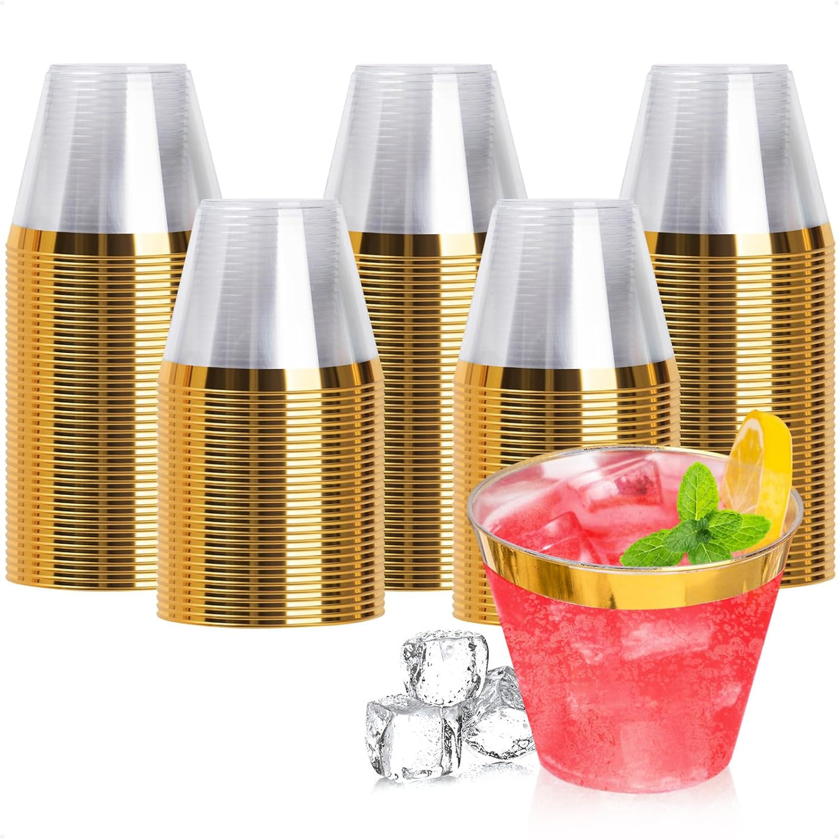 Goodluck 200PCS 9oz Gold Plastic Cups for Party, Disposable Gold Rim Cups, Plastic Cocktail Glasses