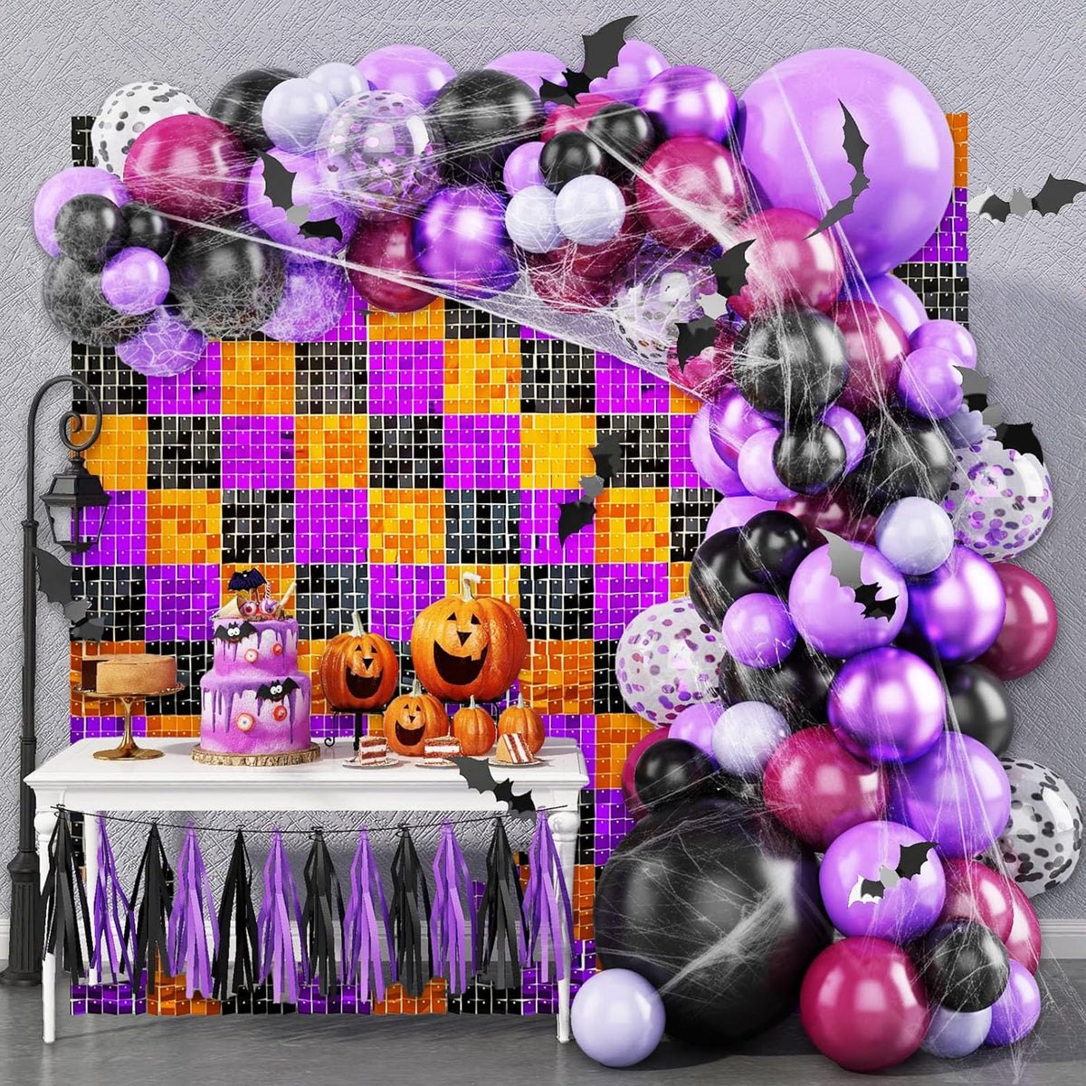 24PCS Black Orange Purple Shimmer Wall Backdrop, Halloween Square Sequin Photo Backdrops Panel