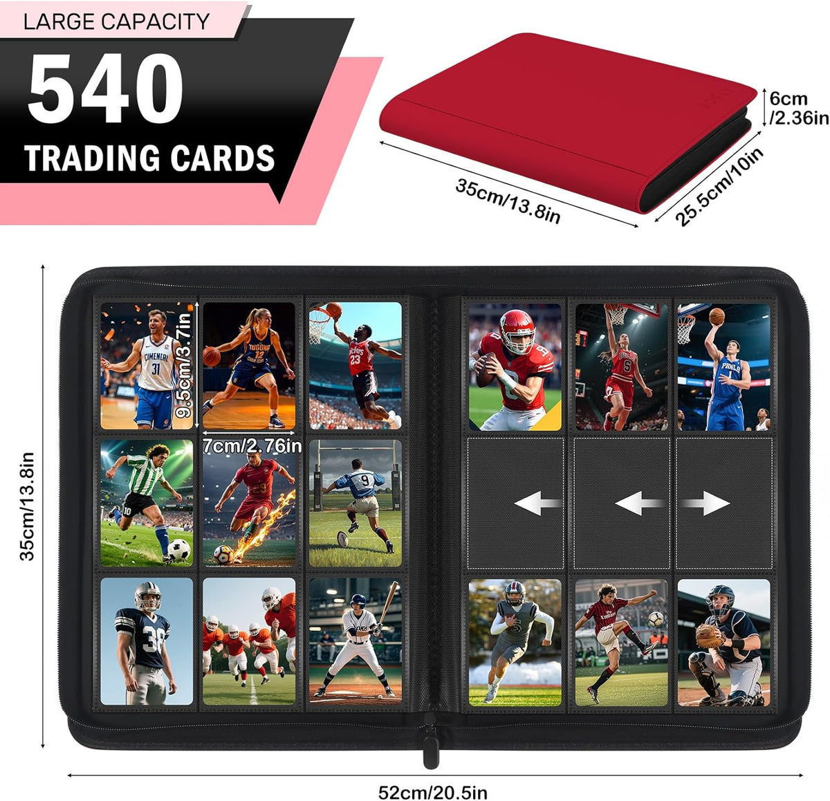 9 Pocket Trading Card Zip Binder, 540 Cards, Premium Baseball Card Storage Album, 30 Side-Loading