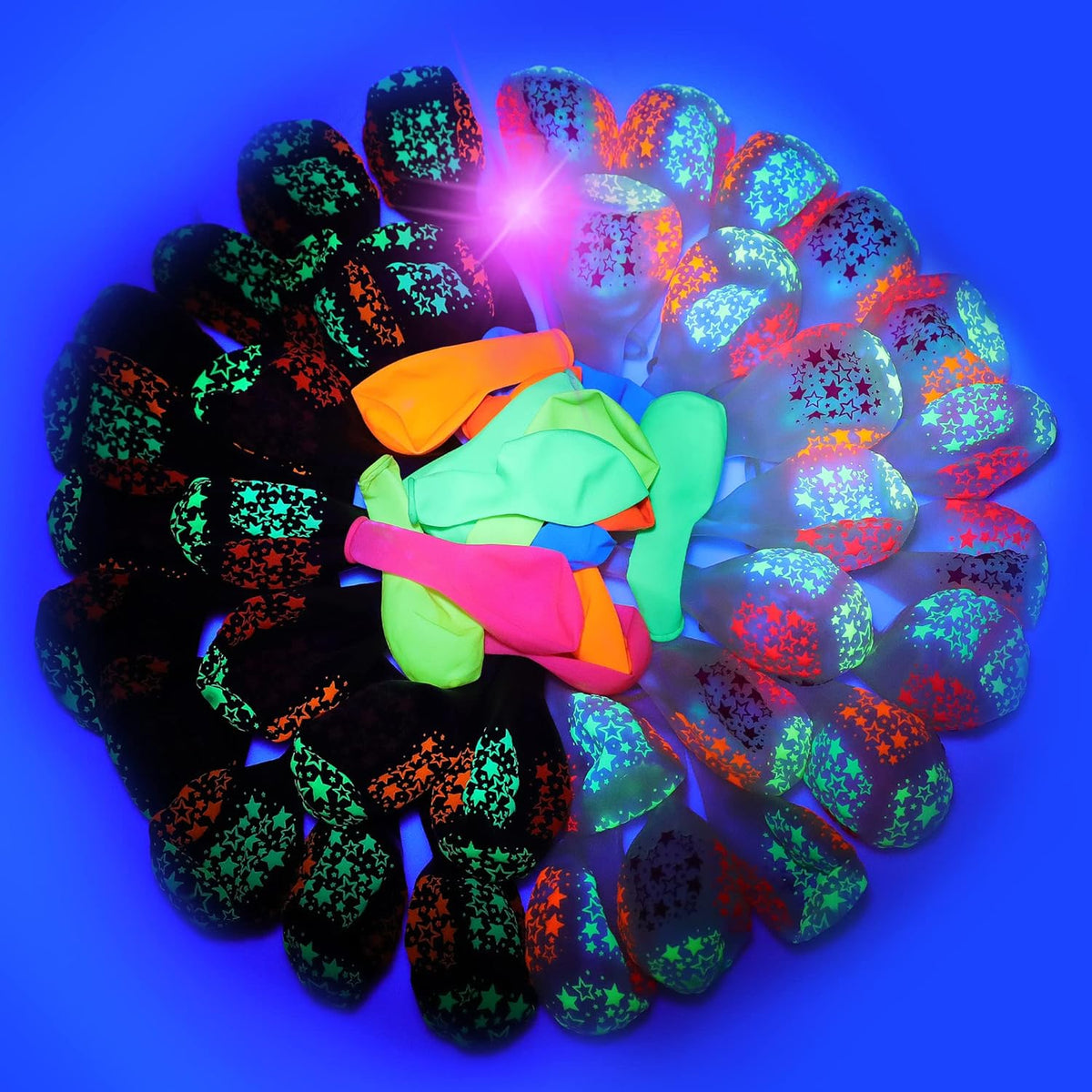 90 Pcs UV Neon Balloons ,Neon Stars Glow Party Black Light in the dark for Birthday Decorations