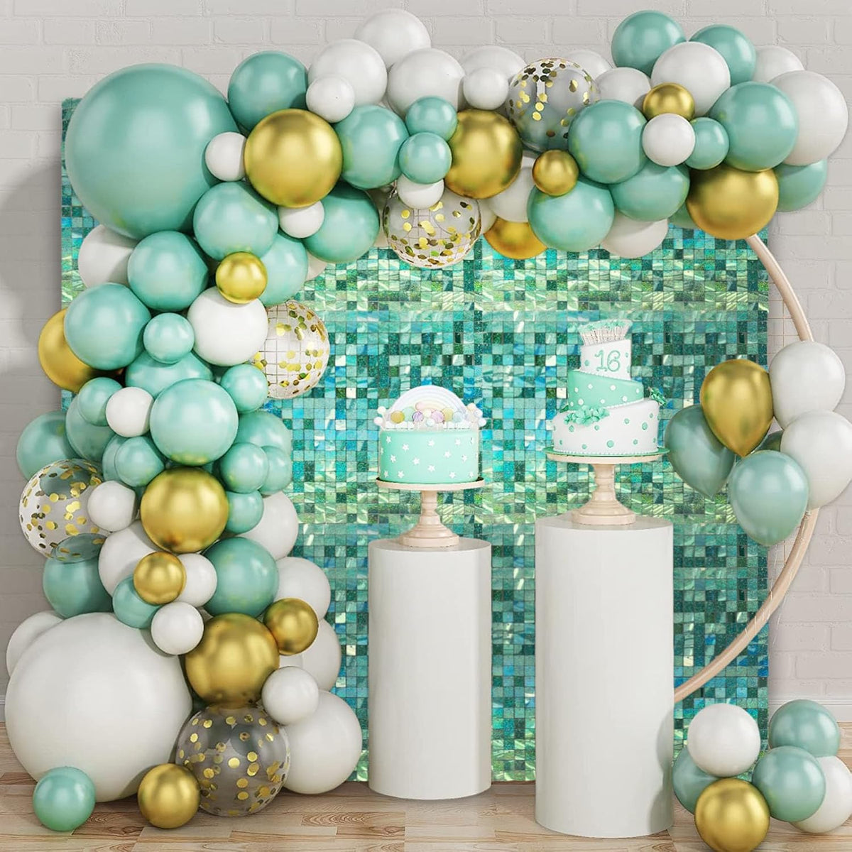 24PCS Light Green Shimmer Wall Backdrop, Laser Square Sequin Photo Backdrops Panel, Glitter Wall