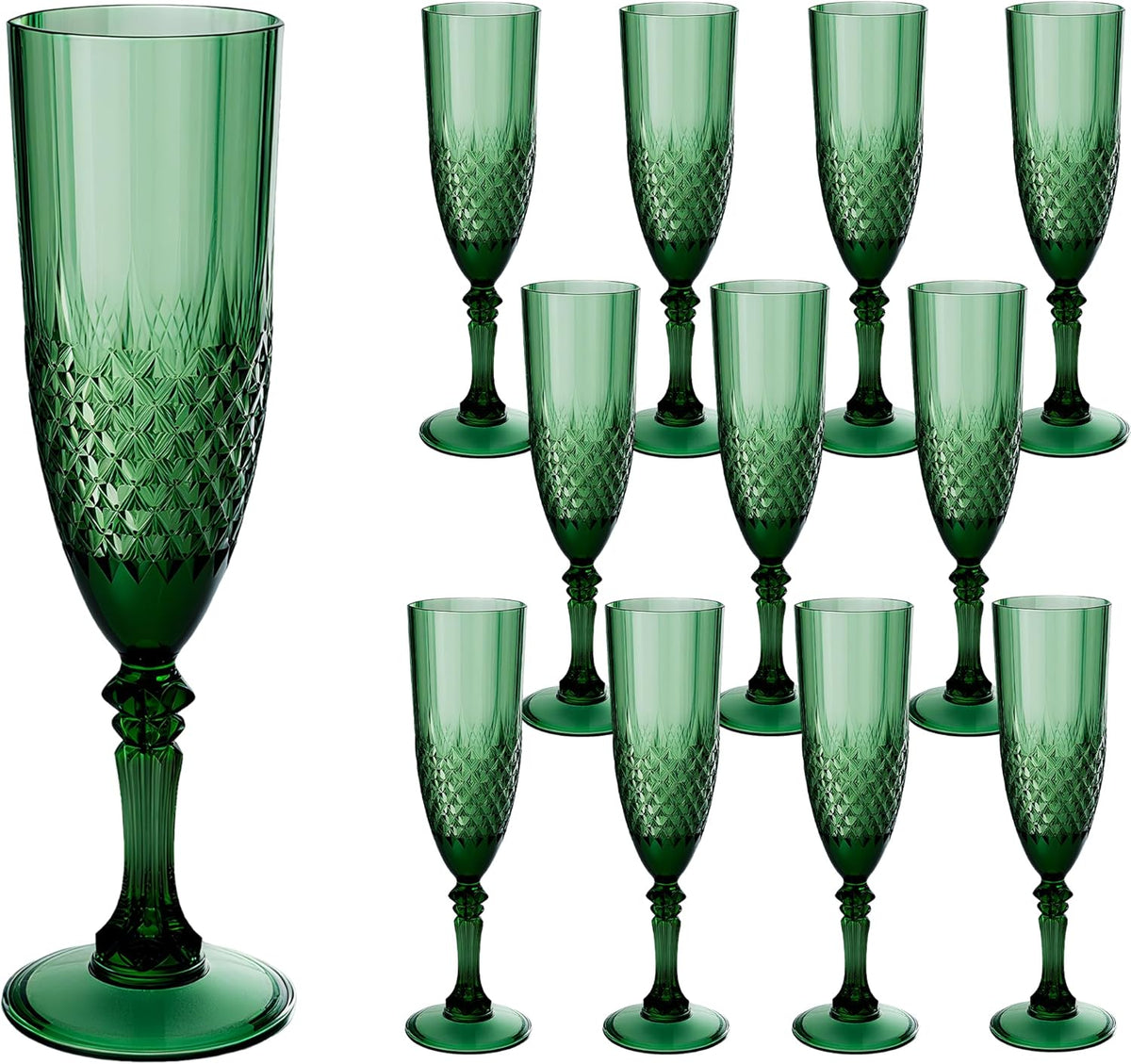 Plastic Champagne Flutes, 12PCS Dark Green Wine Glasses Goblets Cups Reusable Flute, for Christmas