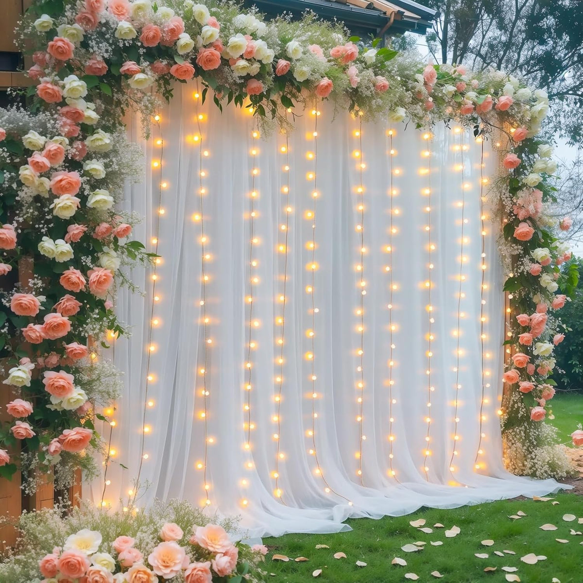 30×10ft White Tulle Backdrop Curtain with Lights String for Parties, Sheer Photo Backdrop Curtains