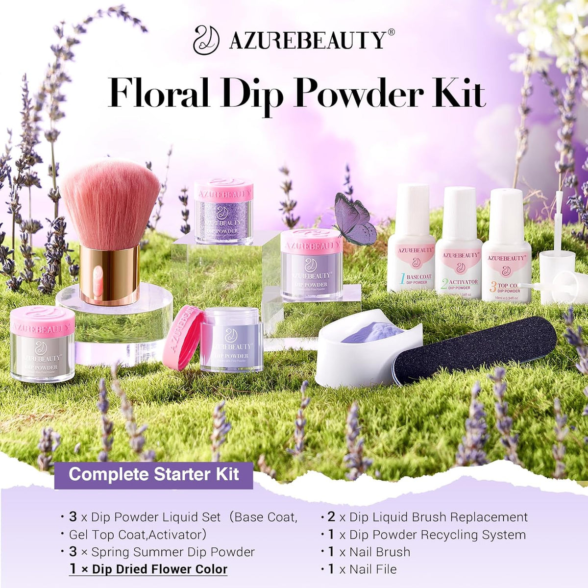 AZUREBEAUTY Purple Twilight Bloom Dip Powder Nail Kit Starter with Base, Top Coat, Activator