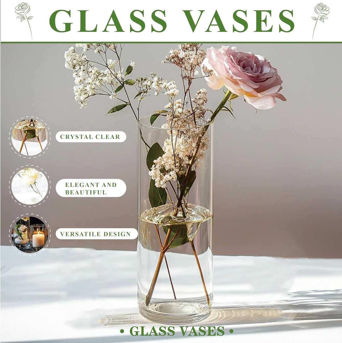 Glass Cylinder Vase Set of 18 for Centerpieces, 4,4.7,6 inch Tall Clear Vase Bulk Floating Candle