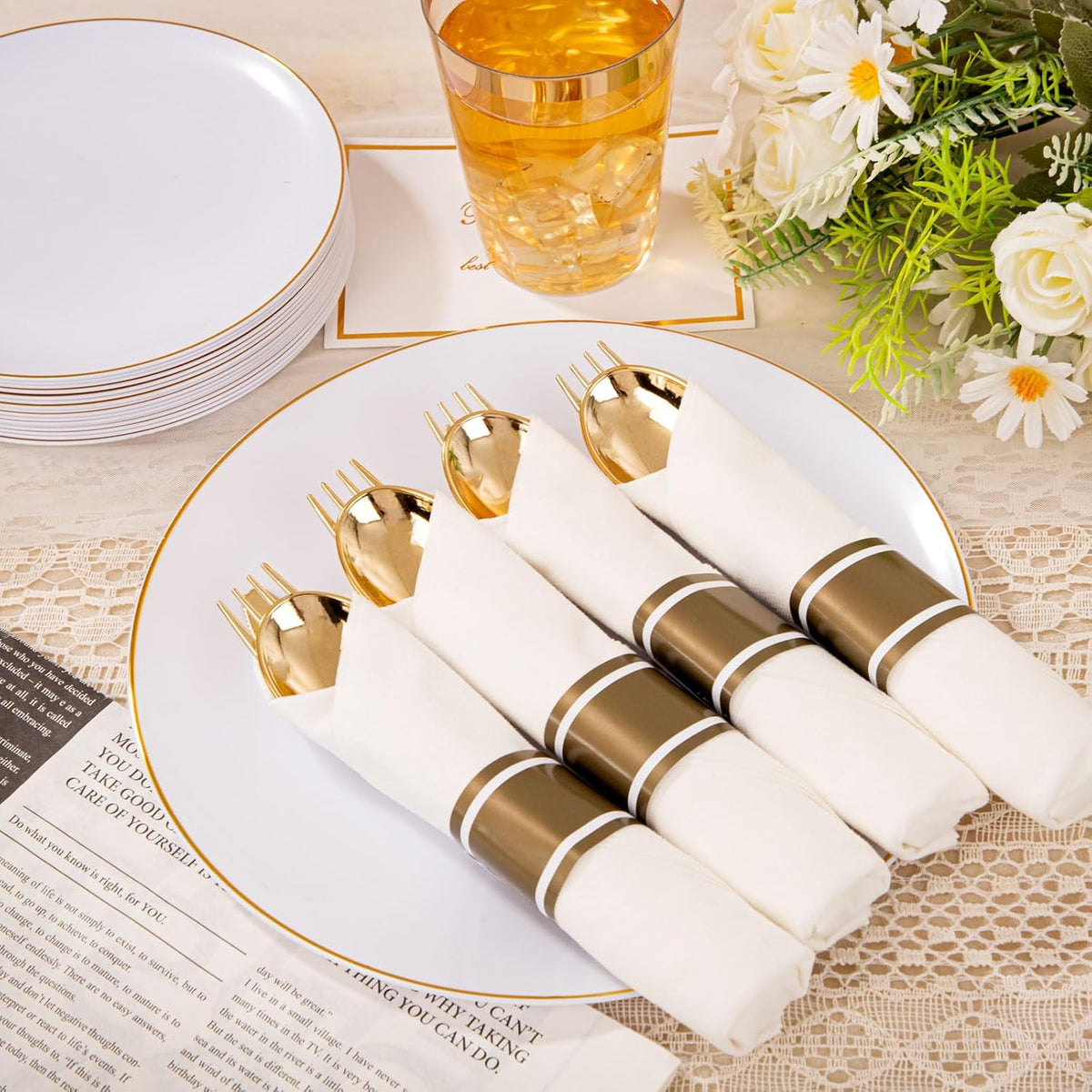 KIRE 350 PCS White and Gold Plates Disposable - Elegant Dinnerware Set of 50 Guest, White Plastic