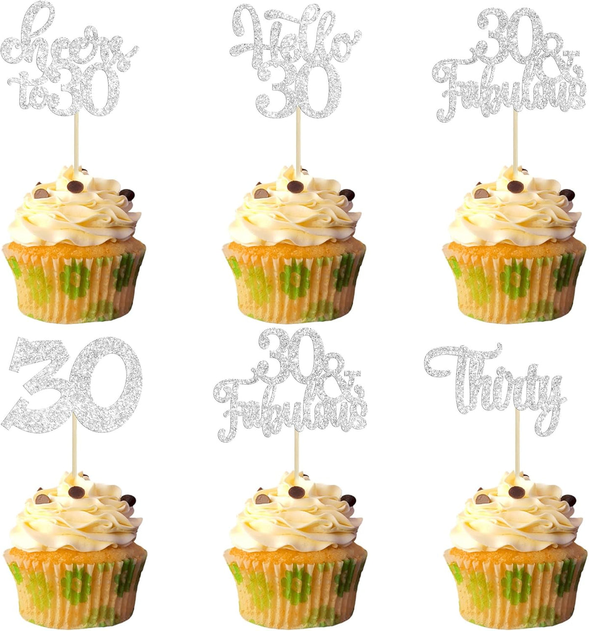 30Pcs Happy 30th Birthday Cupcake Toppers Silver Glitter Thirty Cheers to 30 Birthday Cupcake Picks