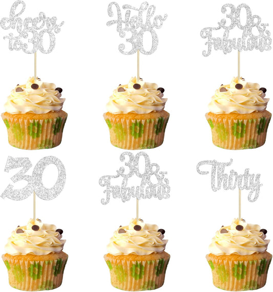 30Pcs Happy 30th Birthday Cupcake Toppers Silver Glitter Thirty Cheers to 30 Birthday Cupcake Picks