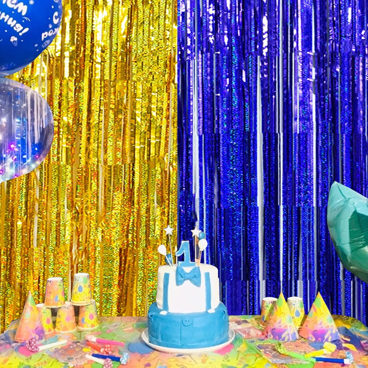 BEISHIDA 4 Pcs Blue and Gold Party Streamers Fringe Foil Curtain Backdrop Tinsel Background Party