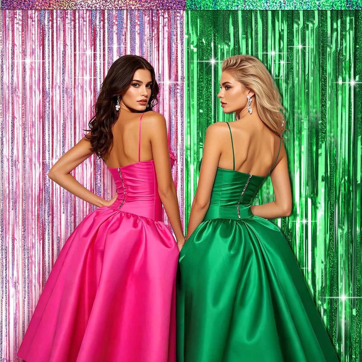 4 Packs Pink and Green Foil Fringe Curtain, Pink Green Metallic Tinsel Backdrop for Birthday, Baby