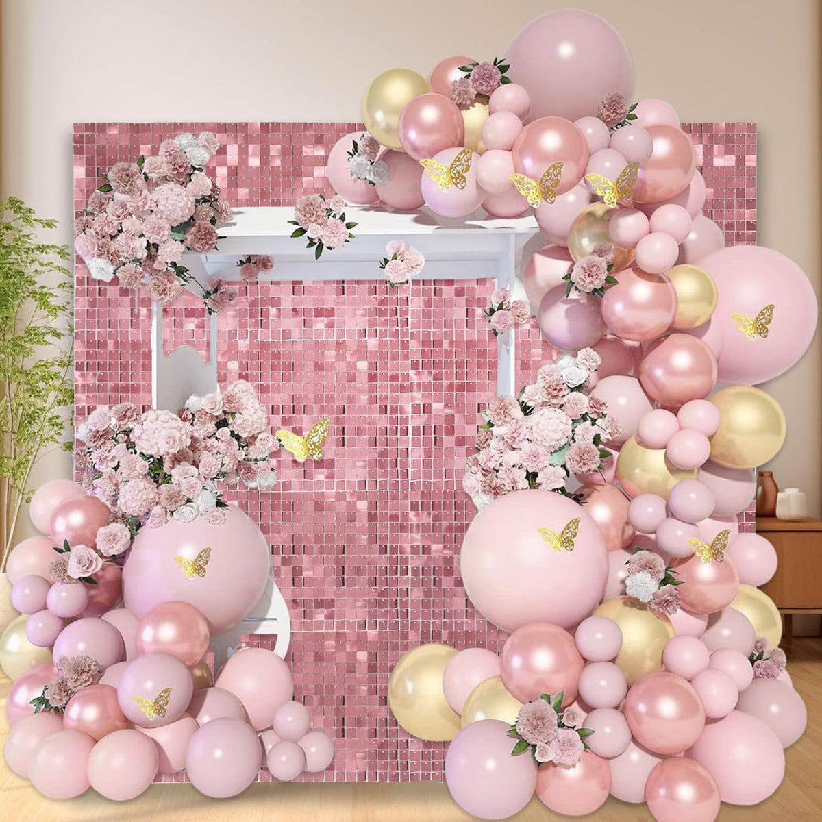 12PCS Pink Shimmer Wall Backdrop, Square Sequin Photo Backdrops Panel, Glitter Wall Background for