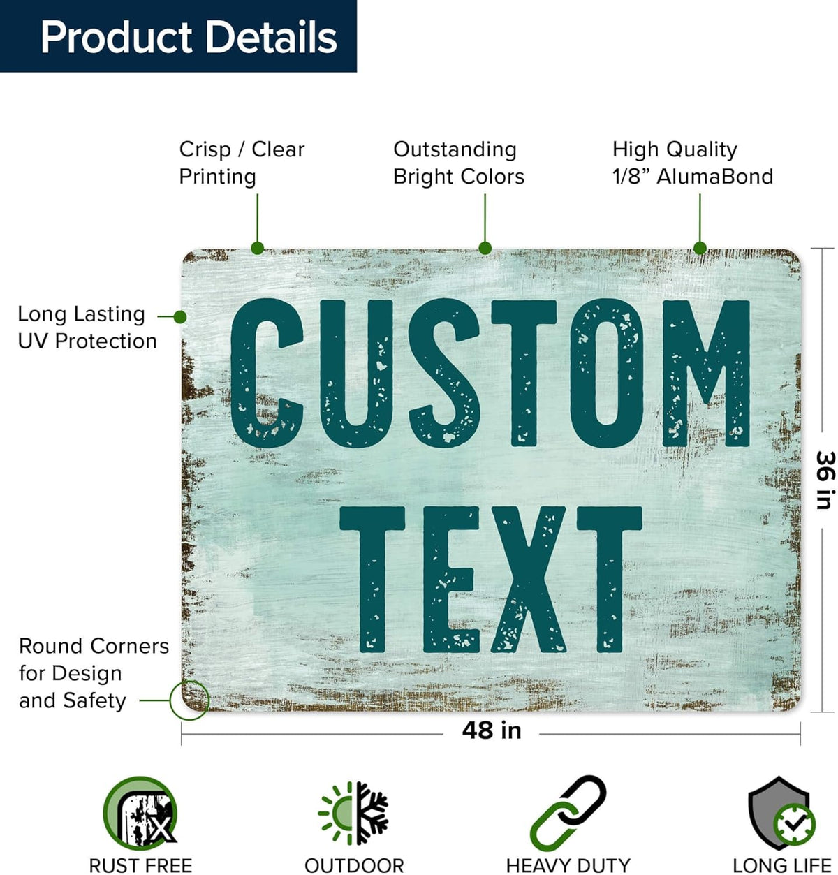 Custom Sign, Custom Street Sign, 11 Font Colors, 13 Font Styles, 4 Hole Options, 22 Sizes, 36x48