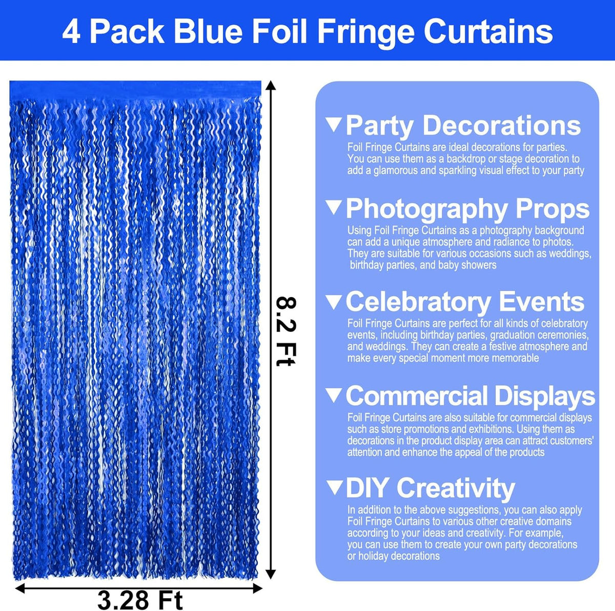 4 Pack Blue Wave Foil Fringe Curtain Backdrop, 3.28Ft x 8.2Ft Metallic Tinsel Foil Fringe Streamer