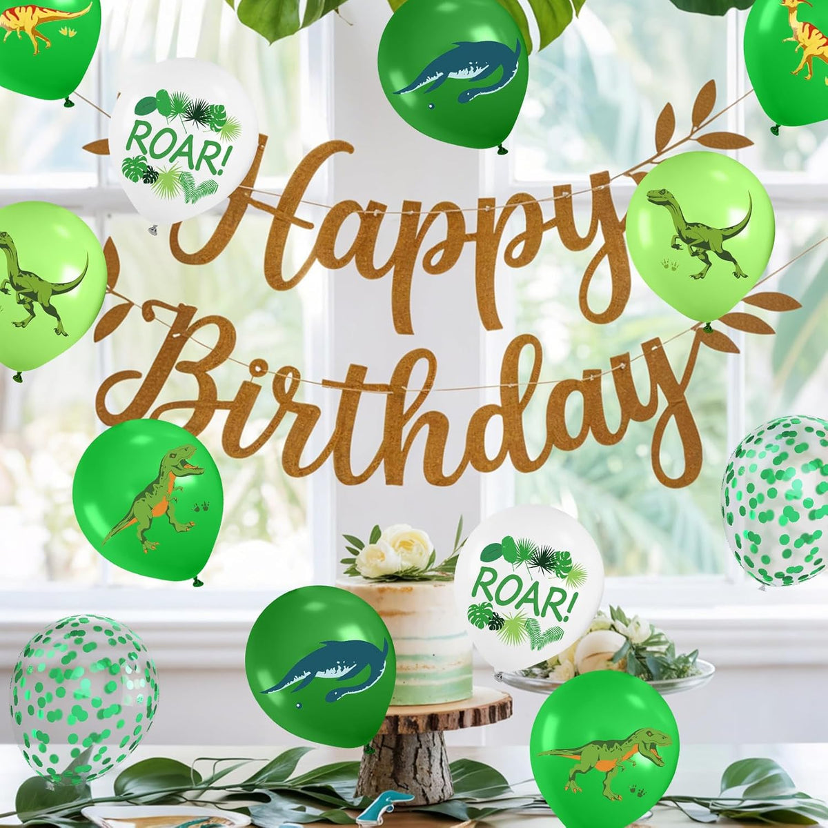 Dinosaur Balloons, 12 Inch Dark Fruit Light Green White Dinosaur Printed Latex Balloons for Boy
