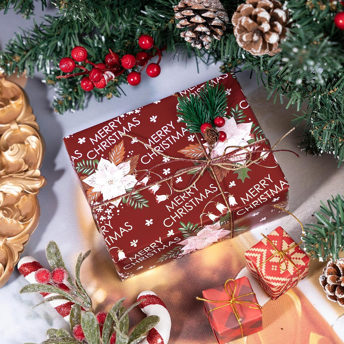 LeZakaa Christmas Wrapping Paper Roll - Red Flower & Merry Christmas Letter Pattern for Holiday