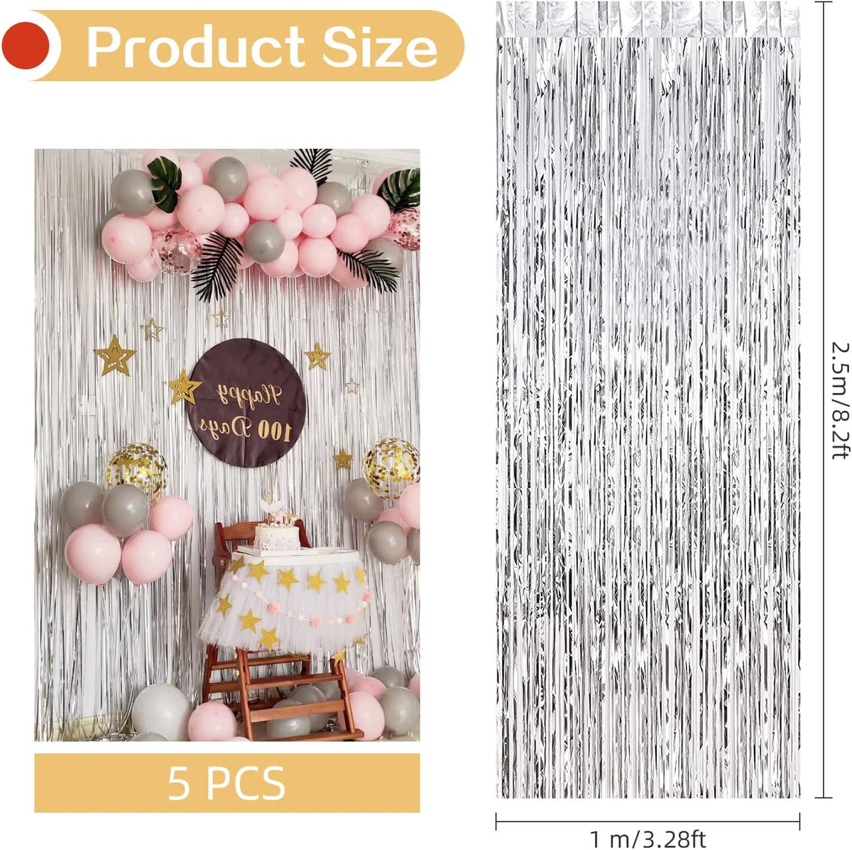 5 Pack Silver Fringe Backdrop 3.2ft x 8.2ft Silver Foil Fringe Curtains Party Tinsel Curtain