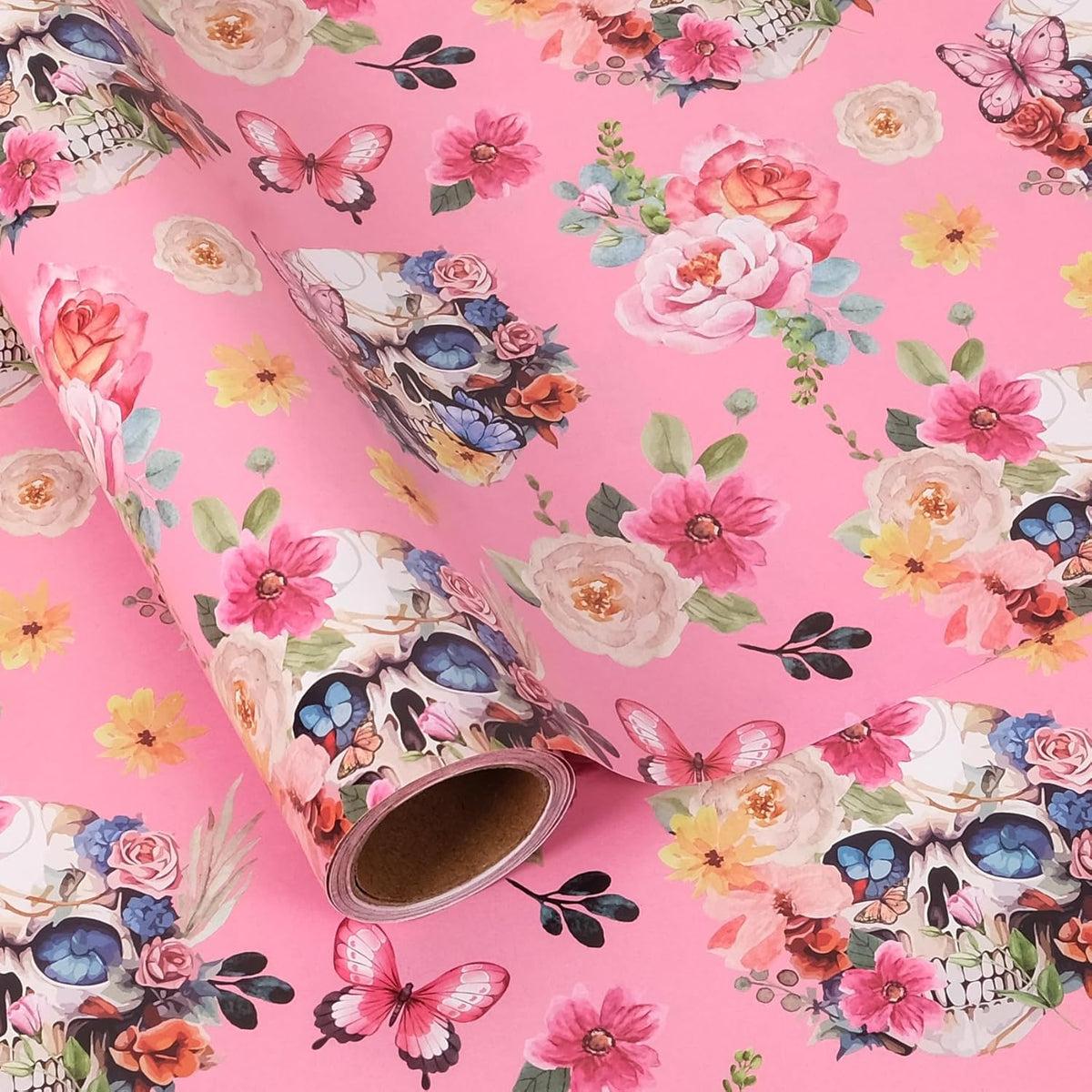 Aimyoo Gothic Wrapping Paper Roll, 17 Inch X 16.5 Feet Skull Floral Butterfly Design Gift Wrap