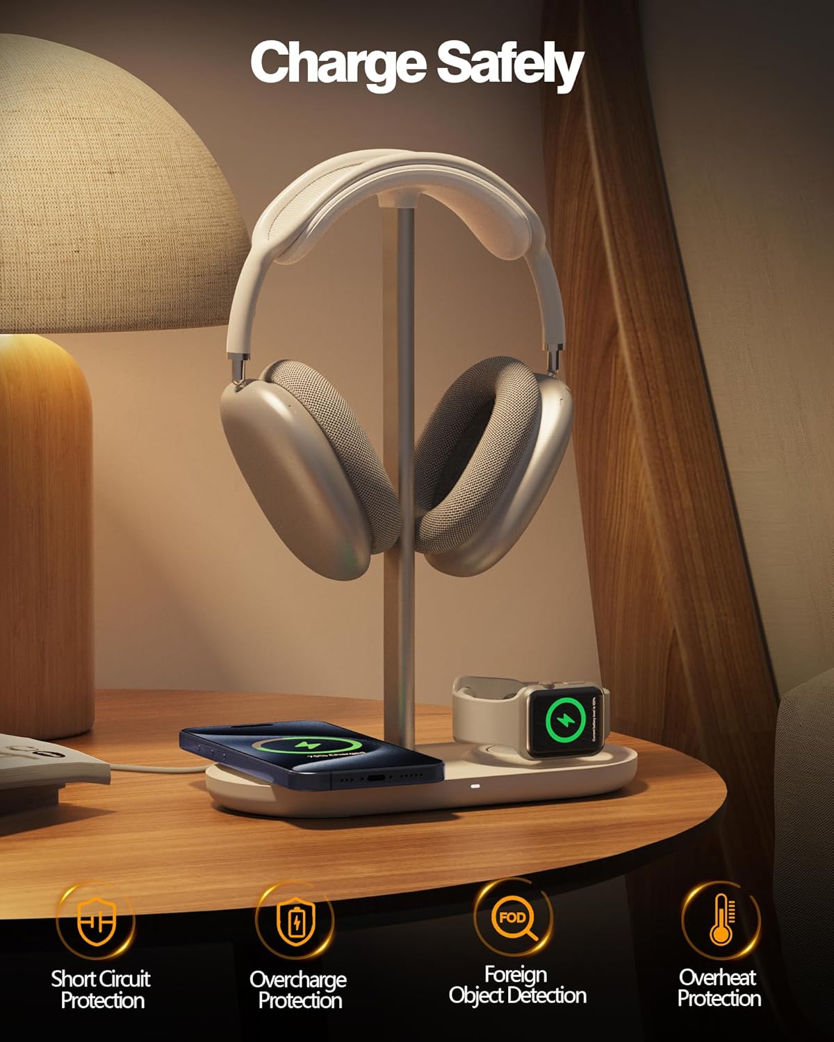 Universal Headphone Stand, Magnetic Wireless Charger for iPhones/AirPods/iWatch, Aluminum Alloy