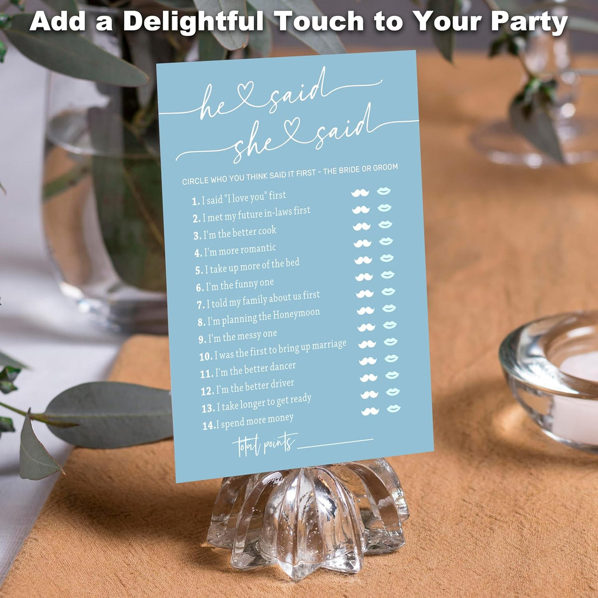 Minimalist Bridal Shower Games, Light Blue He Said She Said Game, 30 Wedding Bachelorette